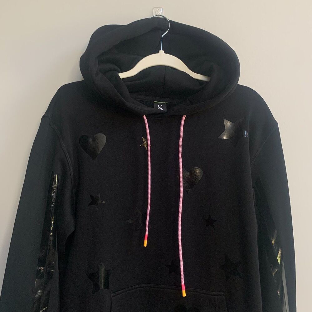 Style Reform Glossy Hearts & Stars Hoodie Women's L Black Pullover Graphic Cozy - Picture 2 of 8